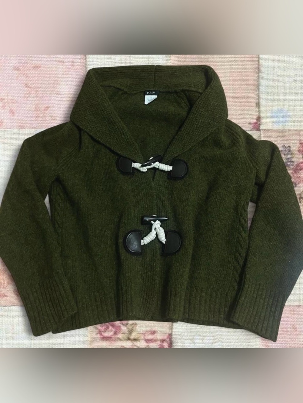 J. Crew Olive Green Lambs Wool Toggle Shawl-Collar Sweater